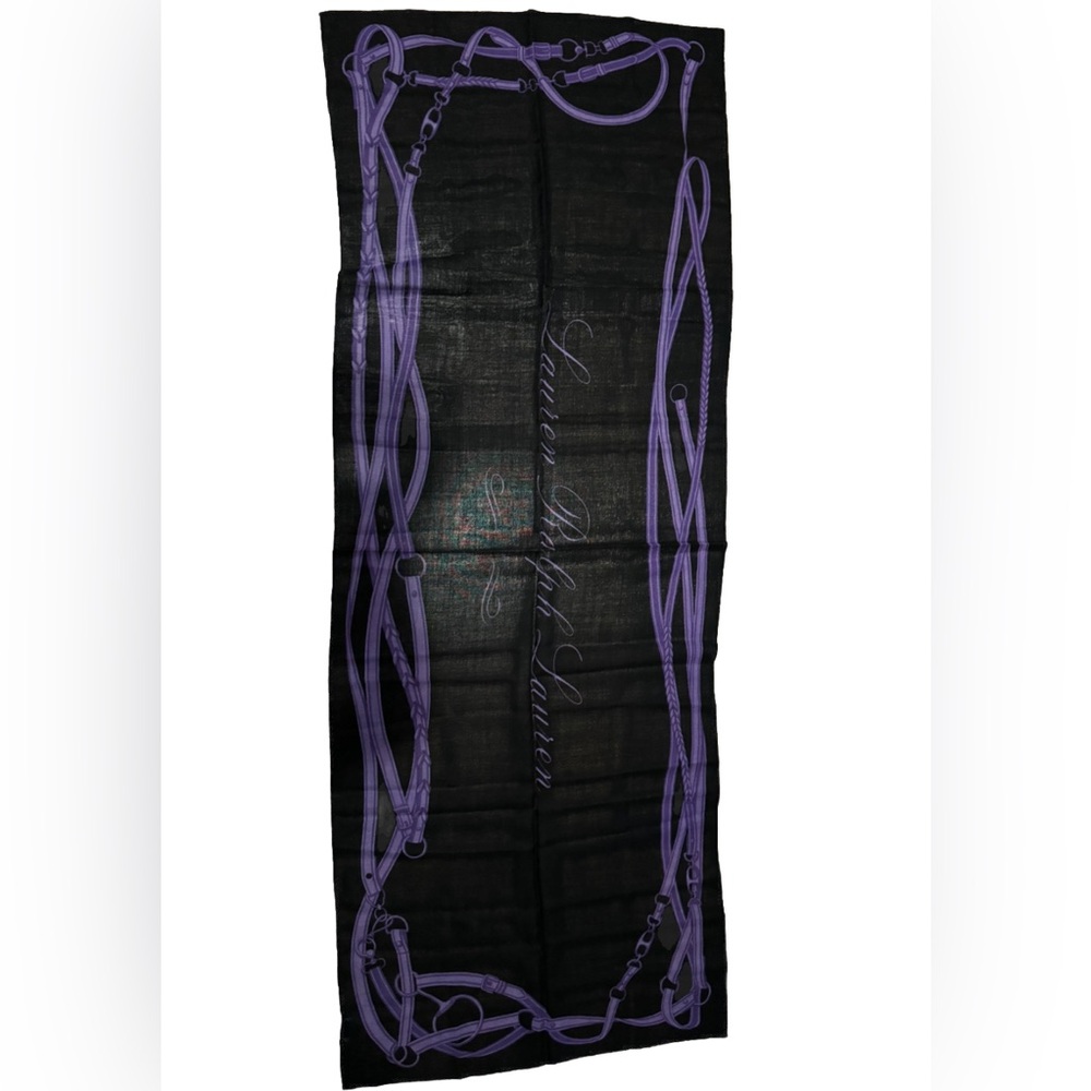 RALPH LAUREN Lightweight 100% Wool Scarf Equestrian Purple Black 25‎ x 64” A13
